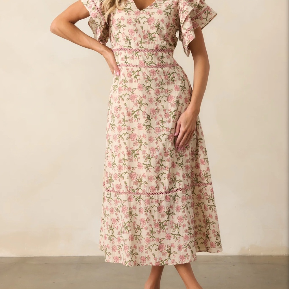 DANDELION WISHES COTTON ROSE PINK FLUTTER SLEEVE MIDI DRESS